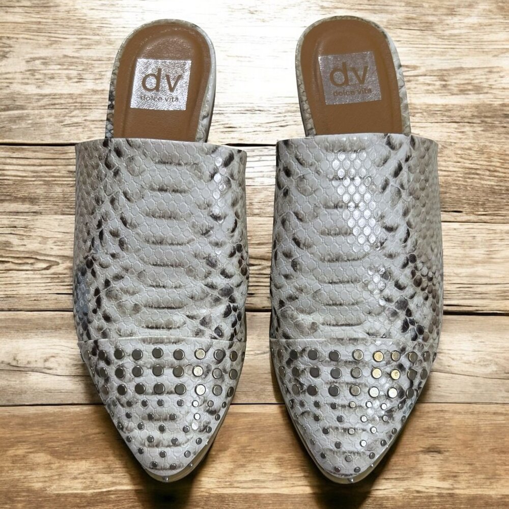 Dv Dolce Vita Leather Snake Print Pointed Toe Mules‎ Slide Sandals Size 7